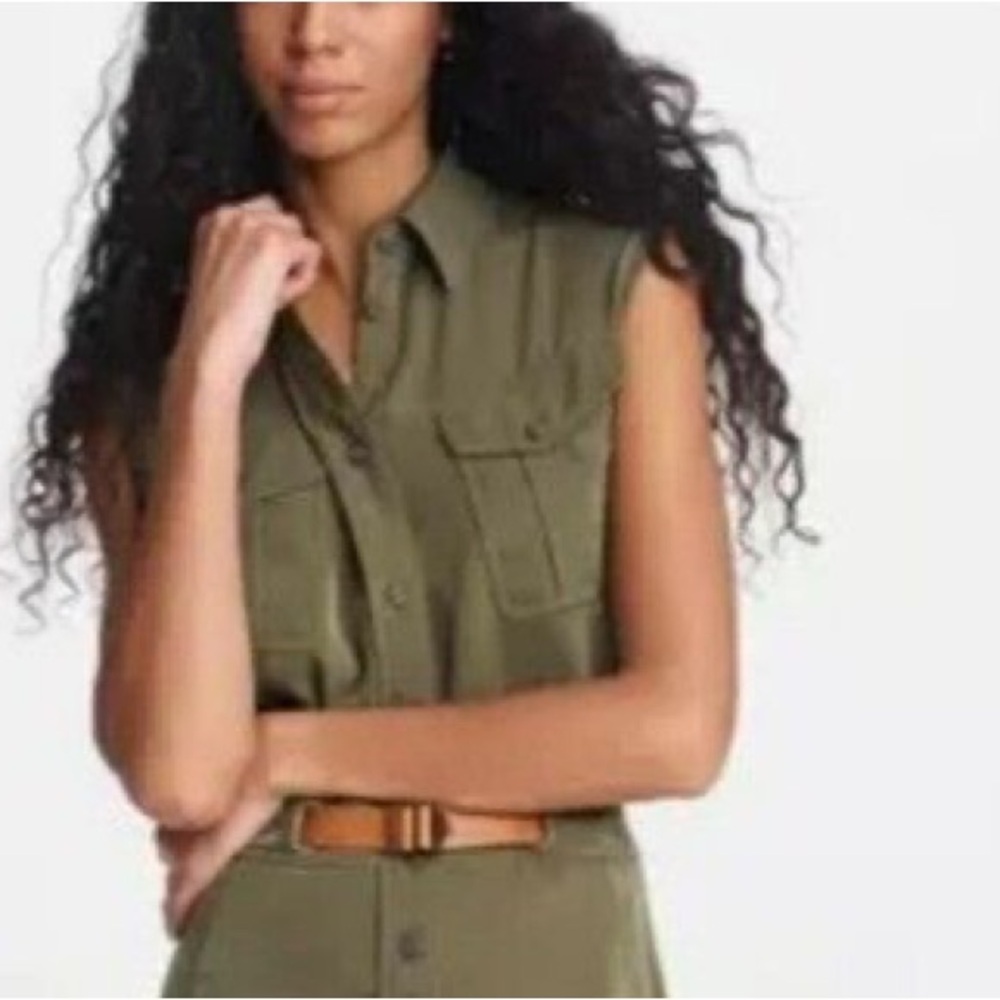 Ann Taylor Dress Button Up Sleeveless Army Green Shirtdress  Size 8